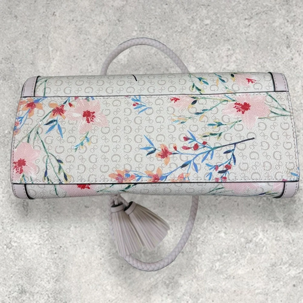 GUESS Floral Monogram Satchel‎ Bag Pink Multi PR681906 Braided Handle Tassel